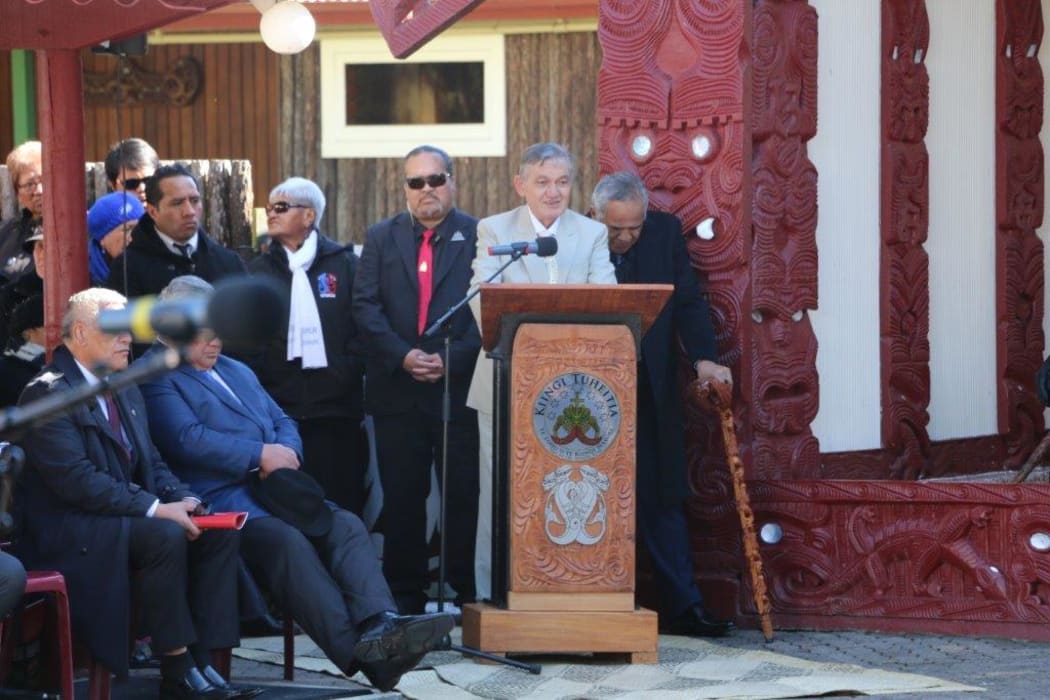 Kiingi Tuheitia addresses the crowd at the 2017 koroneihana celebrations.