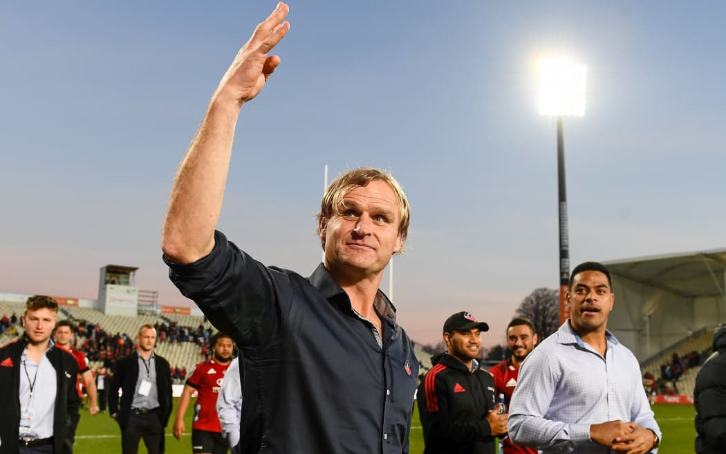 Scott Roberson waves to the Christchurch crowd following their win over the Highlanders. August, 2020.