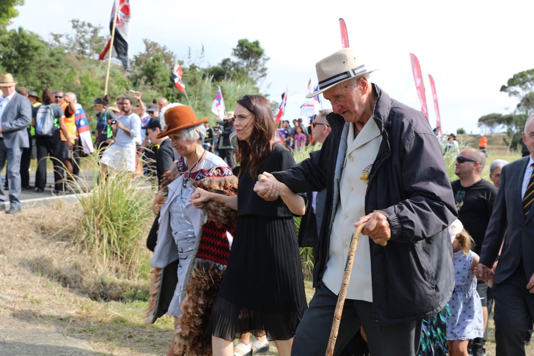 Prime Minister Jacinda Ardern arrives for the unveiling of a statue of Dame Whina Cooper at Waipuna Marae, Panguru.