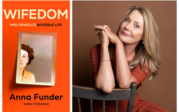 collage of Anna Funder and her book "Wifedom"