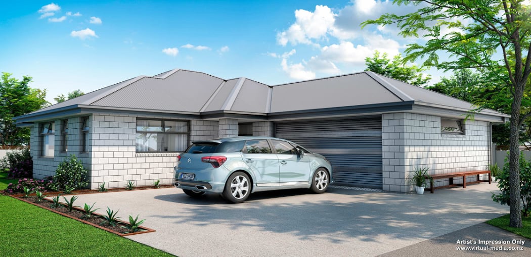 Artist's impression of KiwiBuild home to be built in Rangiora. KiwiBuild is teaming up with developer Mike Greer Homes to construct more than 110 homes in West Auckland and Christchurch.
