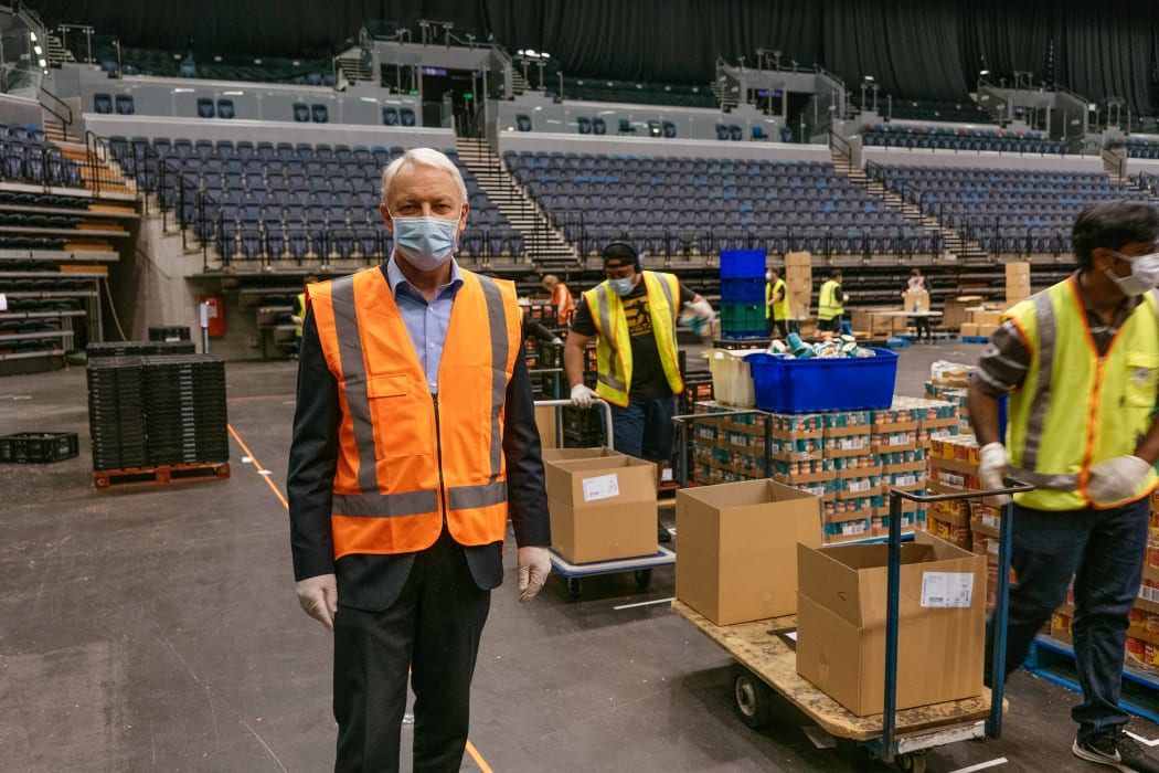 Mayor Phil Goff by the production line team at Spark Arena.