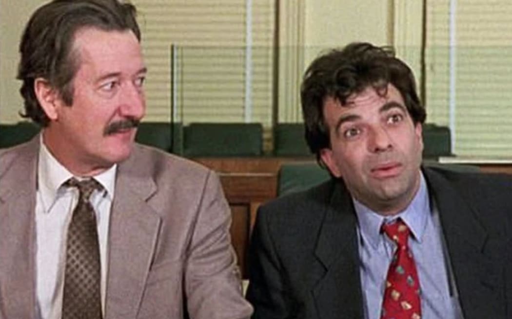 Michael Caton (left) as Darryl Kerrigan and Tiriel Mora as Dennis Denuto in 'The Castle'.