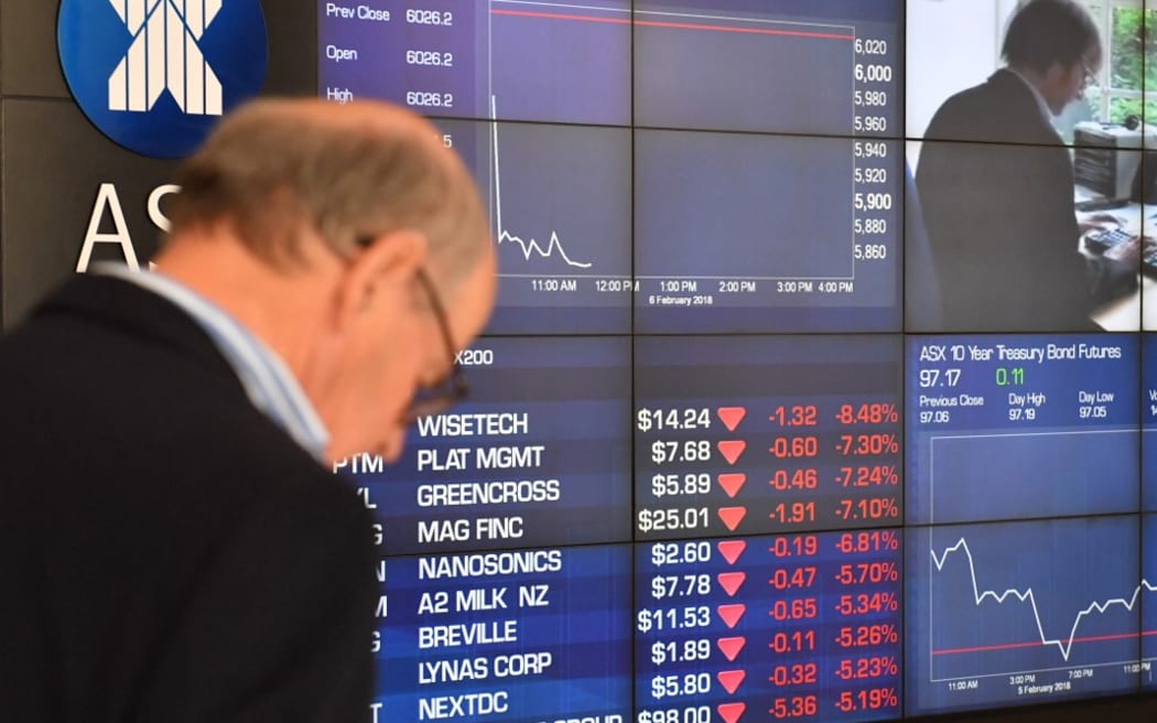 A man stands next to Australian Securities Exchange (ASX) screens displaying falling stock prices in Sydney on February 6, 2018. - Australian stocks slumped 2.58 percent at the open on February 6 as they followed the lead of Wall Street which endured a brutal session with one of its steepest ever one-day point drops. (Photo by SAEED KHAN / AFP)