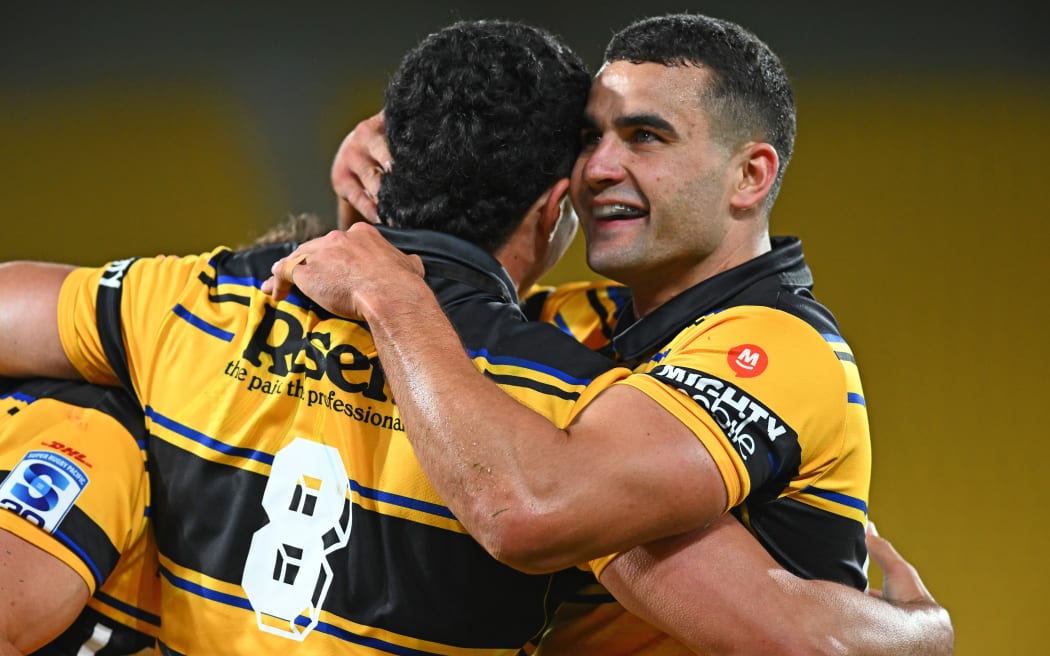 Hurricanes Brayden Iose and Josh Moorby celebrate a try, Super Rugby Pacific, Hurricanes v Moana Pasifika, Sky Stadium, Wellington. Friday 20 February, 2026
© Mandatory credit: Kerry Marshall / www.photosport.nz