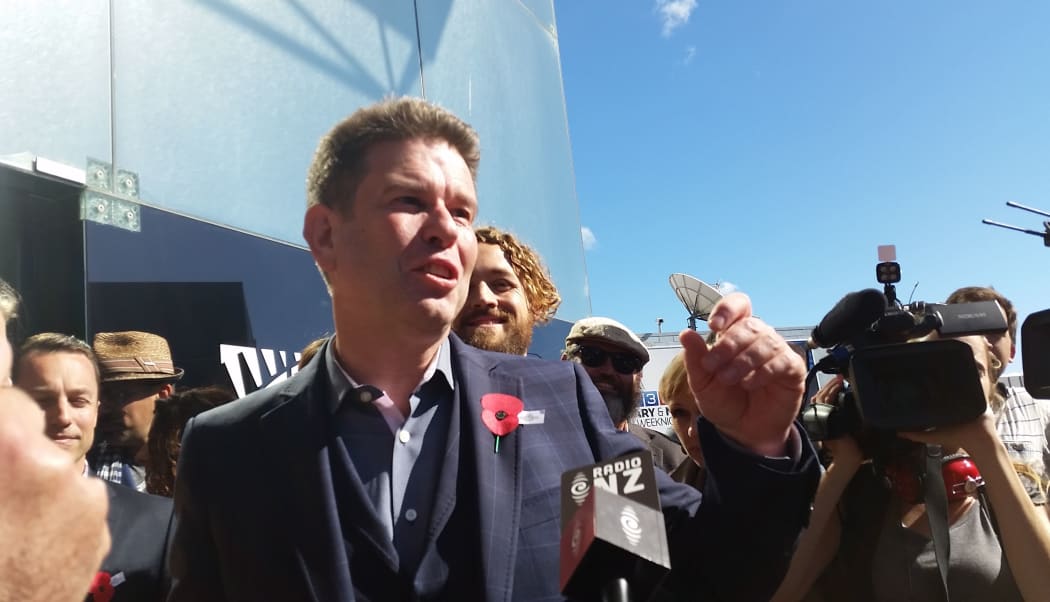 John Campbell at a rally which aimed to save his show outside the MediaWorks building in Auckland.