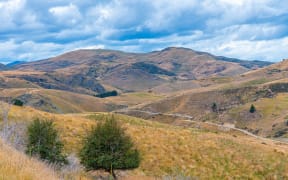 Landscape of Otago region viewed from Central Otago Railway bicycle trail in New Zealand