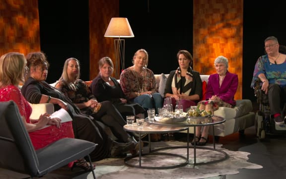 Alison Mau with Health panellists Phyllis Tangitu, Dr Julie Wharewera-Mika, Isis McKay, Rhona Stace, Dr Sasha Kljakovic, Dame Margaret Sparrow, Dr Huhana Hickey