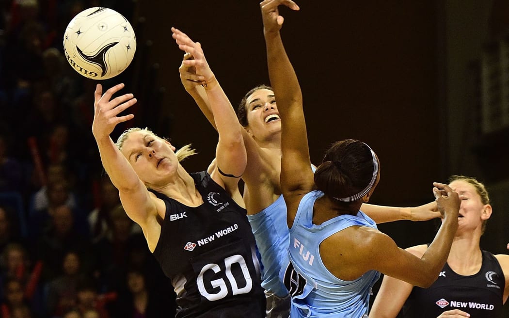 Silver Ferns defenders Katrina Grant and Casey Kopua in action against Fiji 2015.