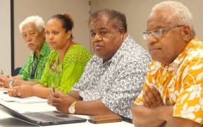 Pierre-Chanel Tutugoro (centre), spokesman for the pro-independence UC-FLNKS caucus in New Caledonia’s congress, speaks at a press conference.