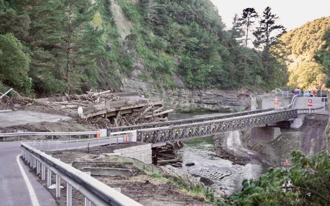 A Bailey bridge over the Waikare Gorge, taken from the Wairoa side