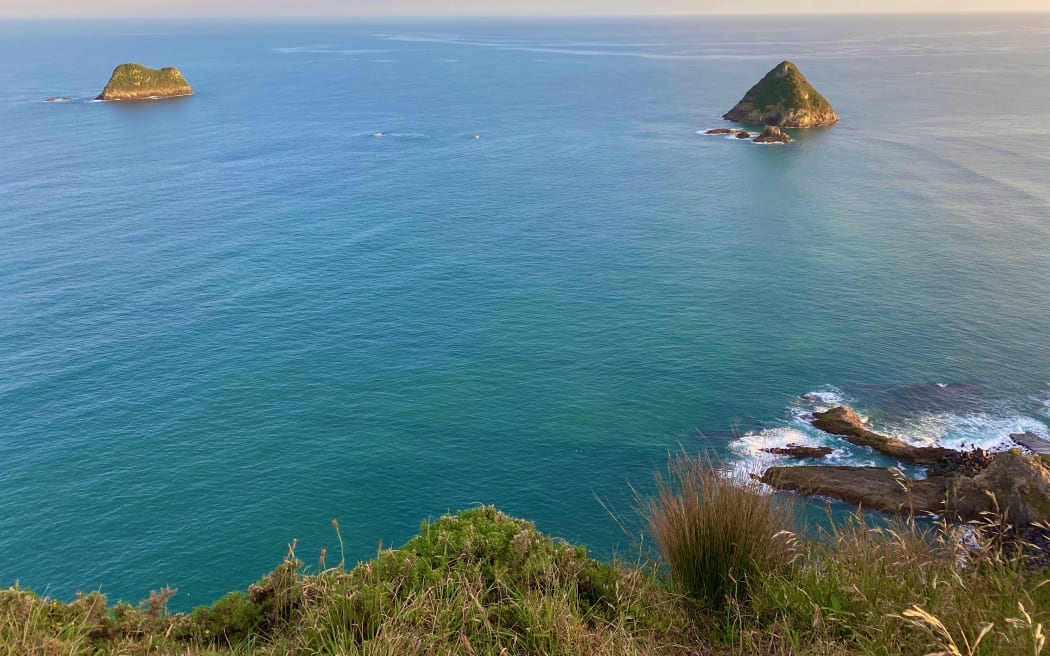 Taranaki coast looking towards Moturoa Island and Tokomapuna Island from New Plymouth.
