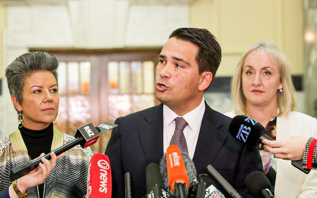 National leader Simon Bridges talks to media about the Treasury Budget information leak.