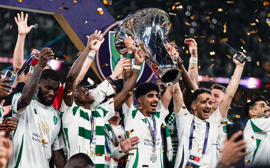Members of  Al Ahli celebrate after winning against Kawasaki Frontale during the AFC Champions League Elite Finals match between Al Ahli v Kawasaki Frontale at King Abdullah Sports City Hall Stadium on May 04, 2025 in Jeddah, Saudi Arabia.