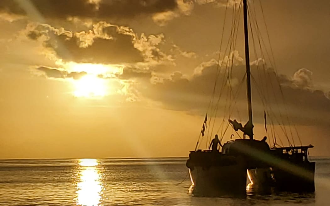The Vaka Motu anchored at Epi Island during Dr Ian Schipper's reconnaissance trip there in September 2024.