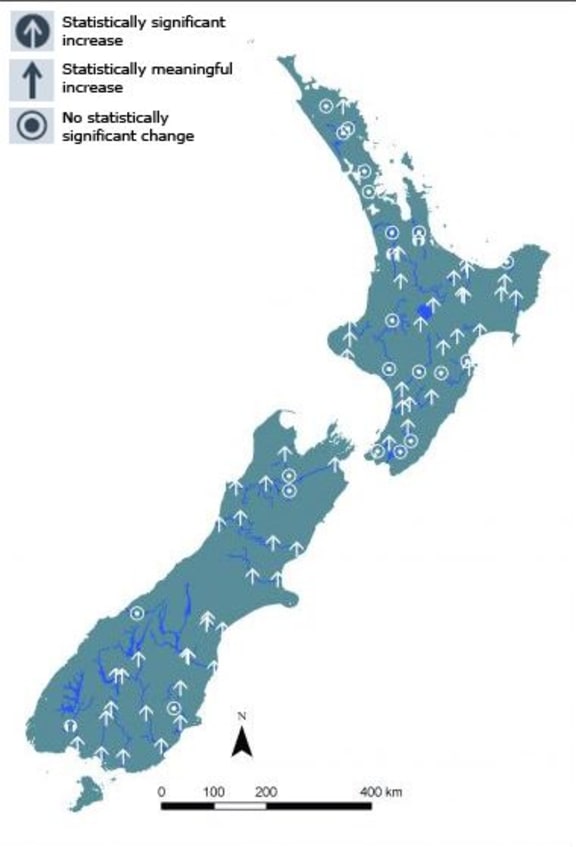Trends in total nitrogen at 77 National Rivers Water Quality Network sites from 1989 to 2007.