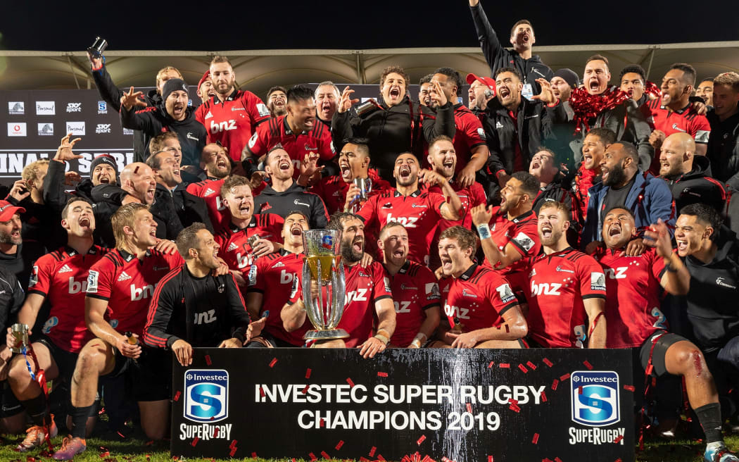 Jordan Taufua of the Crusaders celebrates . Crusaders vs. Jaguares. 2019 Investec Super Rugby Final. Orangetheory Stadium, Christchurch, New Zealand. Saturday 6 July 2019. © Copyright Photo: Martin Hunter / www.photosport.nz