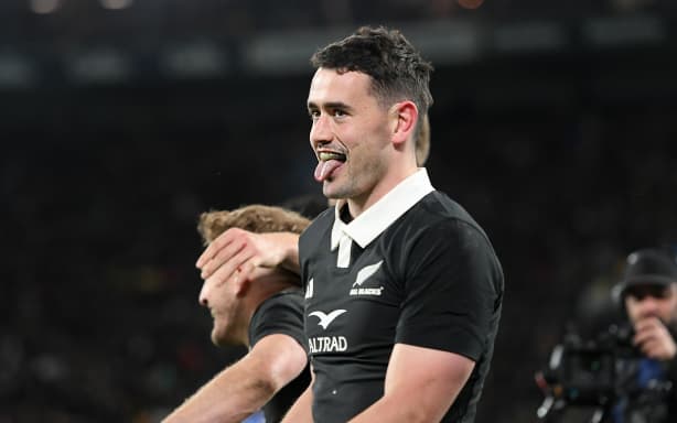 Will Jordan of the All Blacks celebrates becoming the All Blacks all-time leading try scorer.
