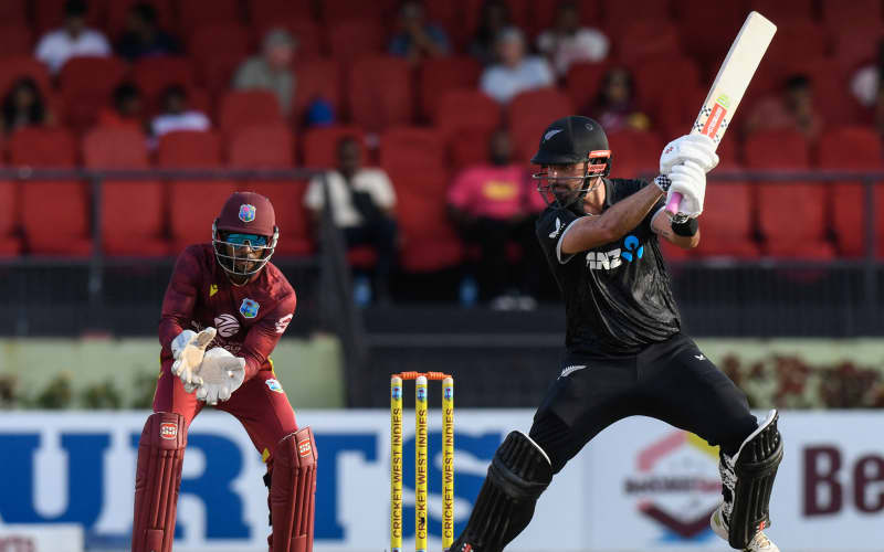 Daryl Mitchell hits out for the Black Caps against the West Indies during the first one-day international cricket match in Providence, Guyana on July 11, 2026. (Photo by Randy Brooks / AFP)