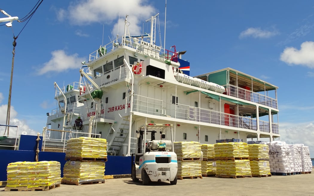 The government vessel MV Kwajalein  being loaded with drought relief food for  remote islands in the Marshalls.