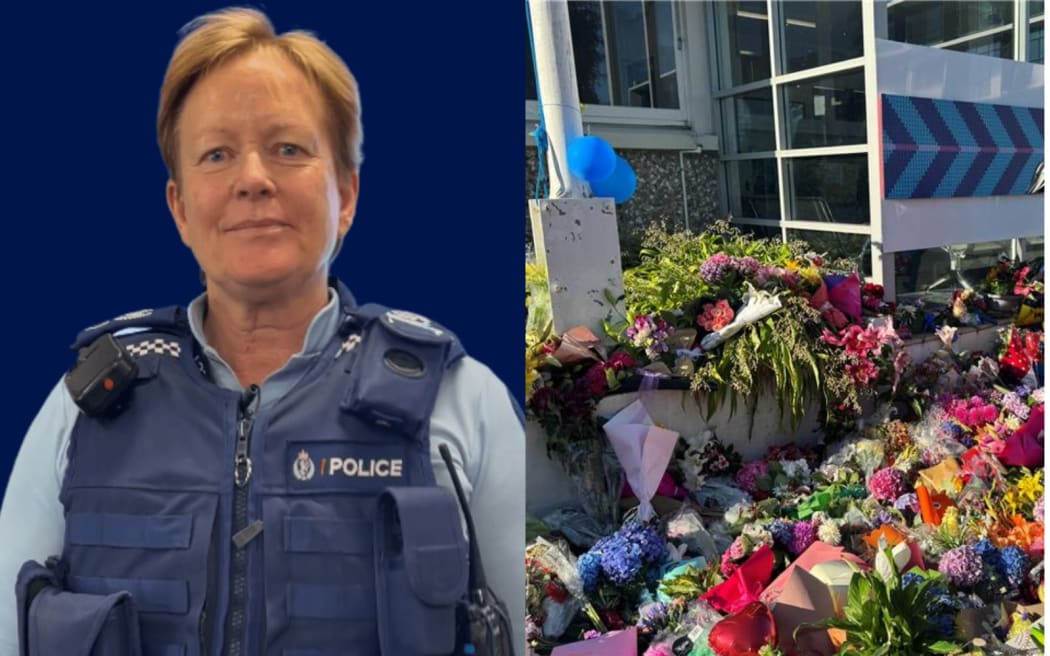 Tributes to slain police officer Senior Sergeant Lyn Fleming are seen outside the Nelson police station and in the carpark where she was struck by a motor vehicle in the early hours of New Year's Day 2025.