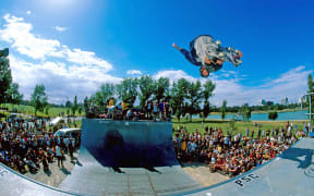 Tony Hawk skateboarding.