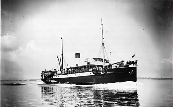 The Steamer Ngapuhi in 1908. She was wrecked  on Rangi in 1941. The Navy wanted her engine for the  war effort.
