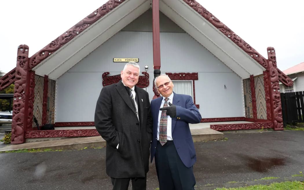 Judge Greg Davis and Matua Mokena Peeni outside Te whare o Kaka Porowini at Terenga Paraoa Marae in Whangārei. Photo / Mike Cunningham
