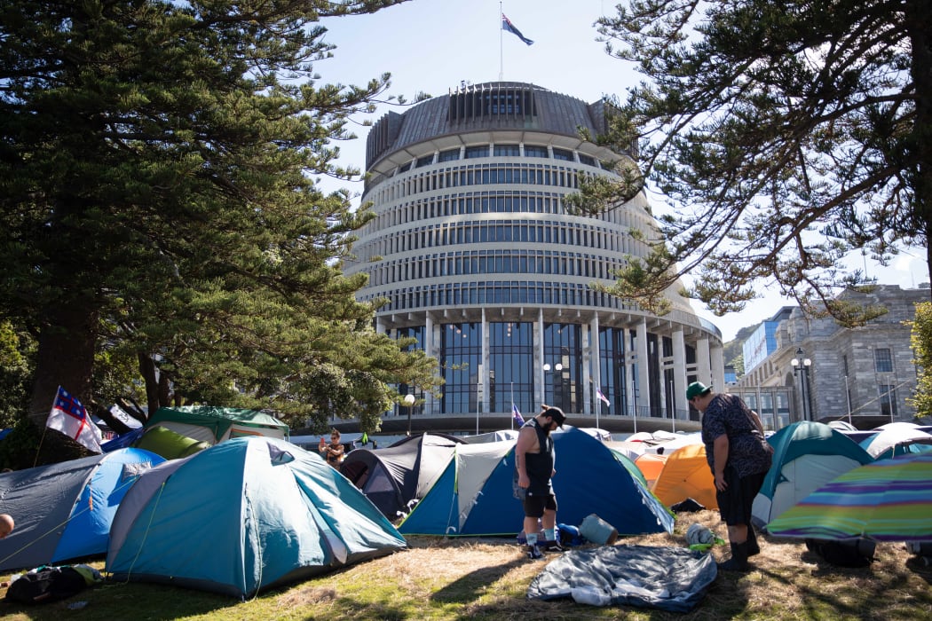 Anti-vaccine, anti-mandate protest in Wellington on Parliament grounds on 16 February 2022.