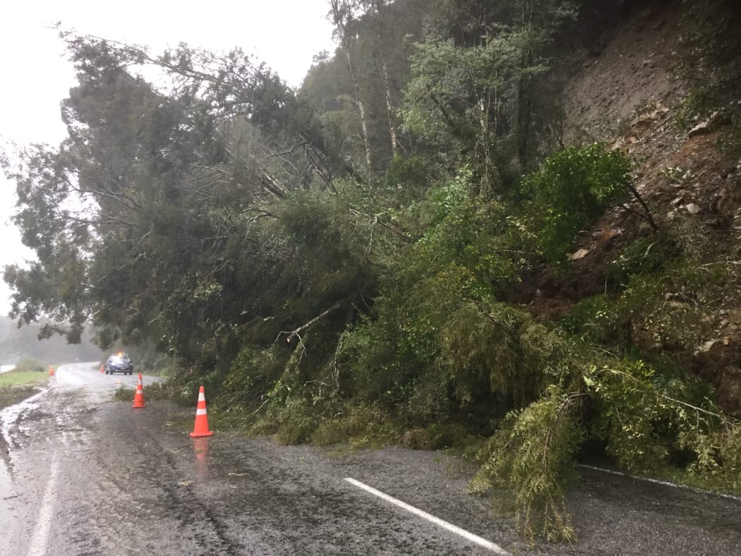 The slip at Burke Flat on SH6 south of Haast on Monday afternoon as it was bringing down trees on the road.