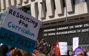 Protesters outside the National Library in Wellington on Thursday.
