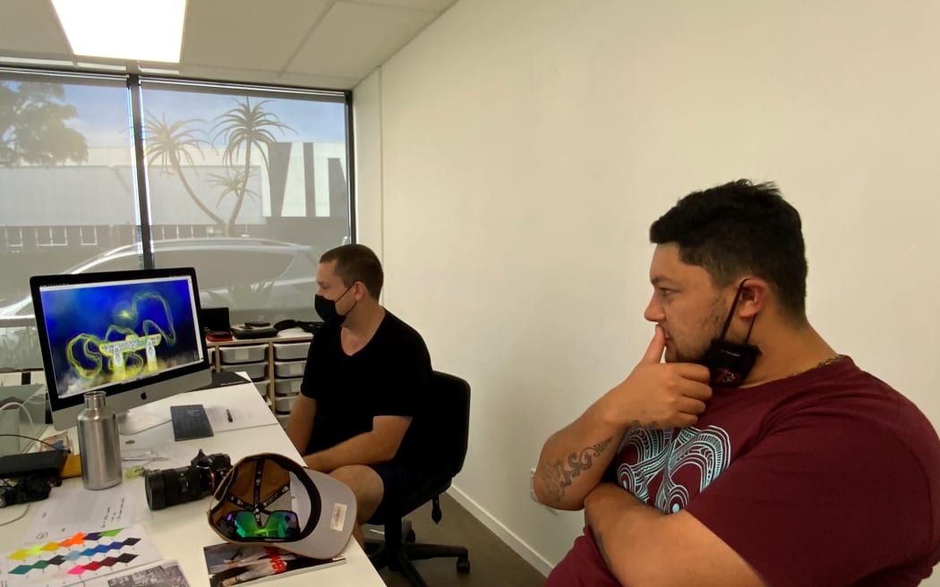 Angus Muir (left) and Haoro Hond (right) work together on concepts for Te Whatawhata Ā Rangi.