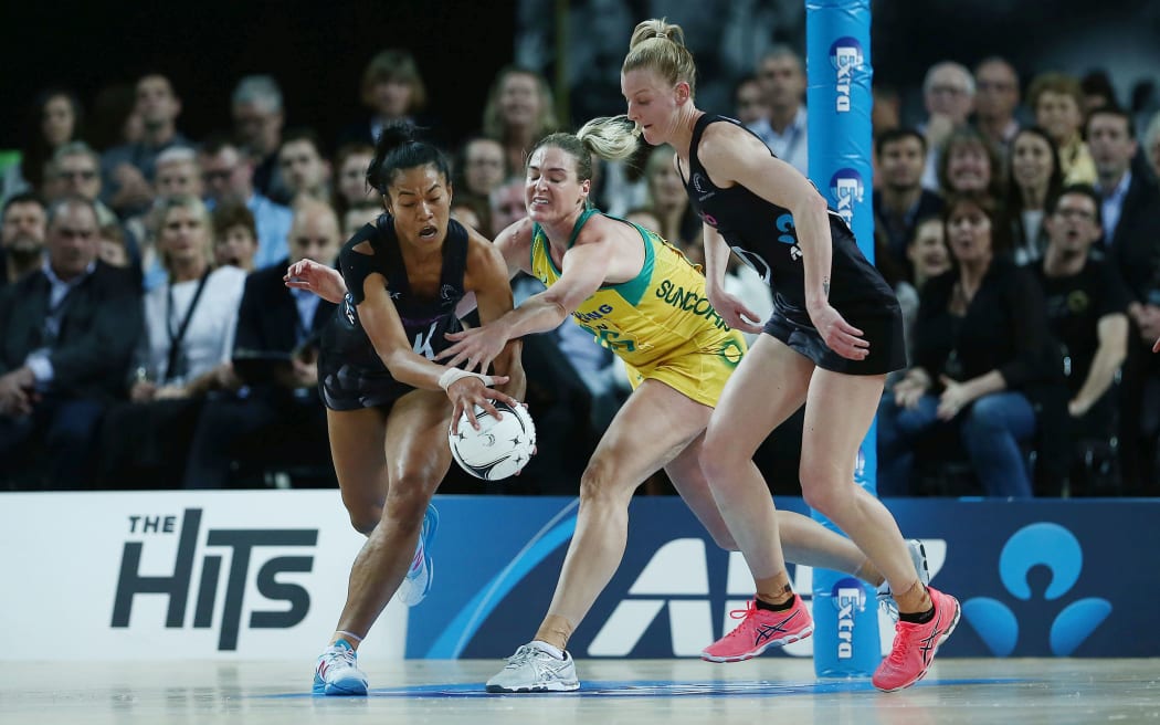 Silver Ferns defender Temalisi Fakahokotau competing for the ball