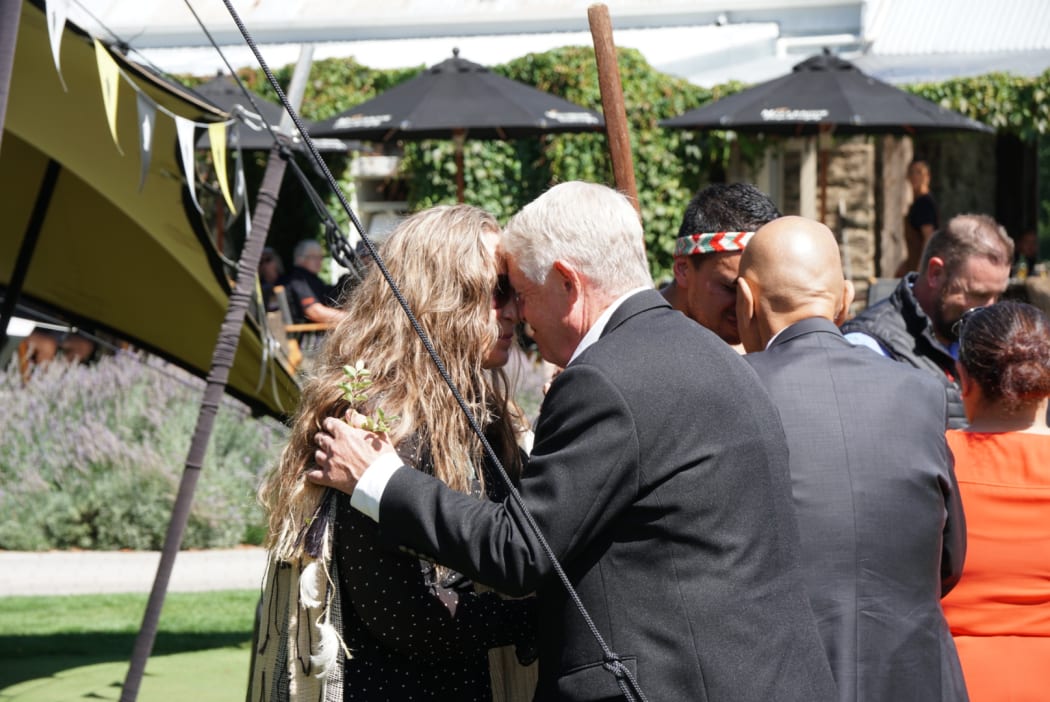 NZ Golf chair Michael Smith's hongi with local iwi Ngāi Tahu members at the opening of the tournament on 26 February.