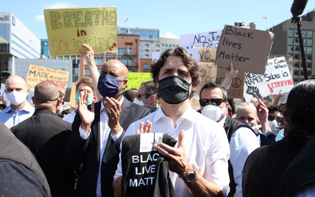 Canadian Prime Minister Justin Trudeau takes part in a Black Lives Matter protest on Parliament Hill June 5, 2020 in Ottawa, Canada.
