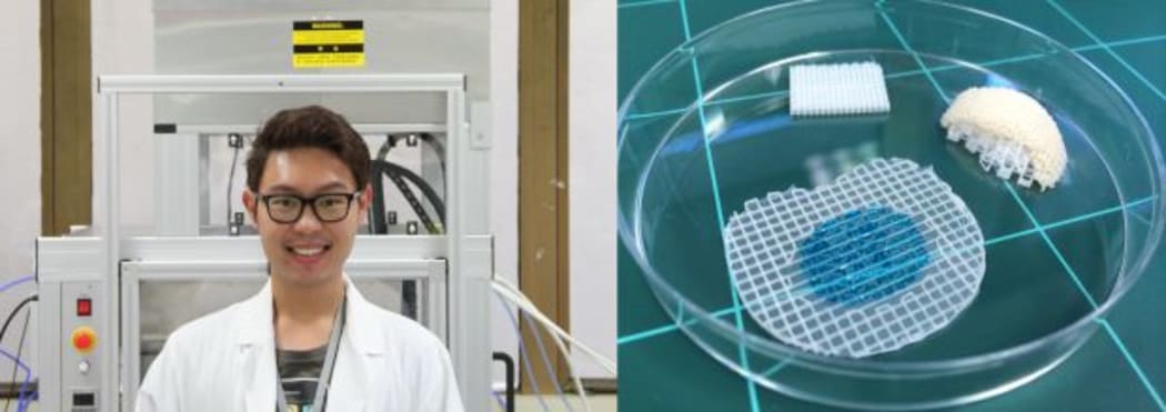 A photo of Khoon Lim in front of the 3D bioprinter, and some printed biocompatible scaffolds