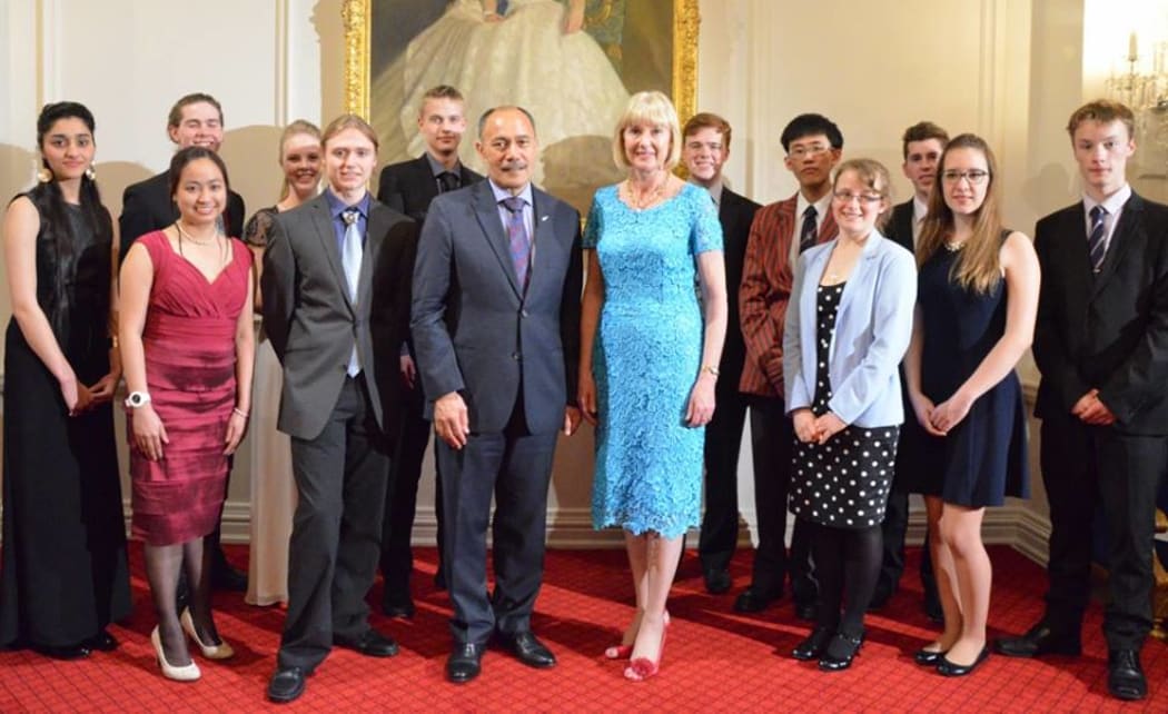 The Governor General, Right Honourable Lieutenant General Sir Jerry Mataparai and Lady Janine Mataparai, with the finalists from the 2014 Eureka Sir Paul Callaghan awards at a ceremony at Government House.