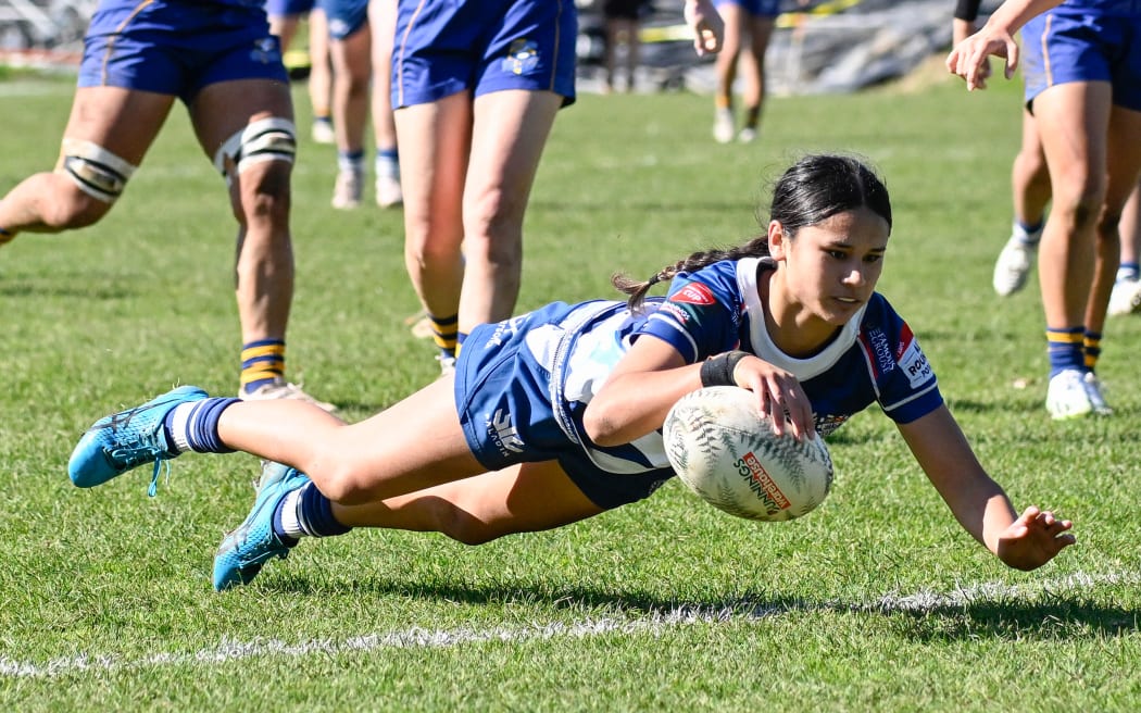 Braxton Sorensen-McGee of Auckland scores a try. Auckland Storm v Bay of Plenty Volcanix, Farah Palmer Cup women’s rugby union match at Colin Maiden Park, Auckland.