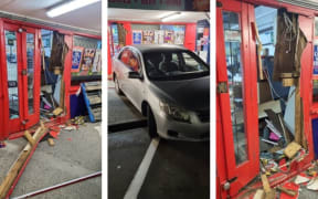 A composite image shows damage to the Paekākāriki village store and the car used to ram-raid the store early on the morning of 2 October, 2022.