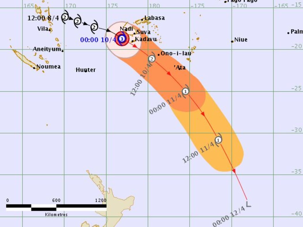 A tracking map issued by the Fiji Metservice showing the forecast trajectory of Cyclone Keni.