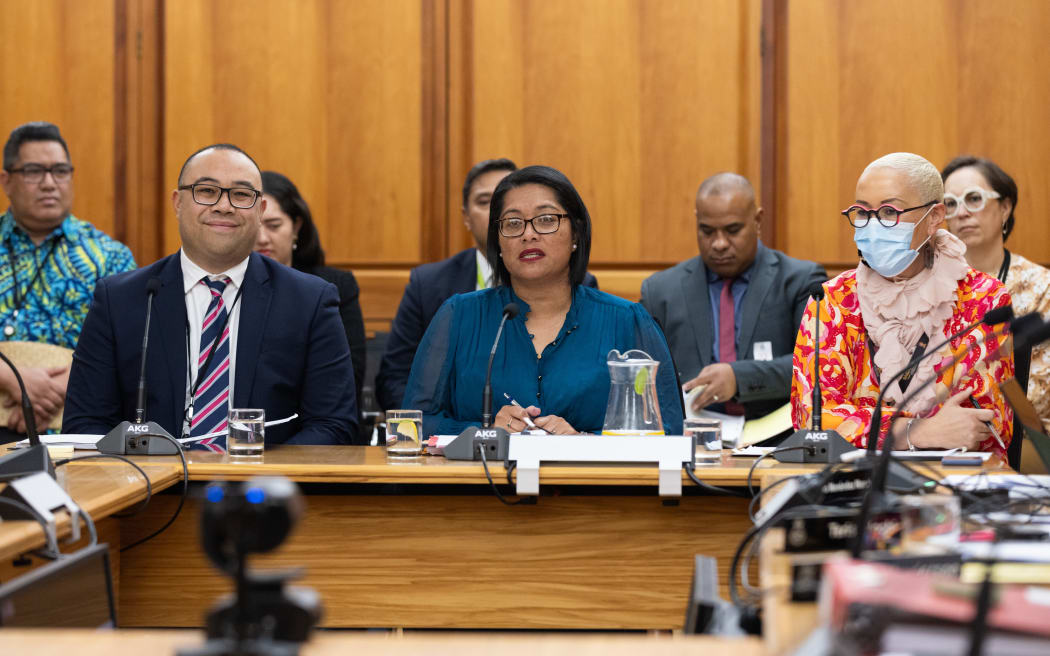 Barbara Edmonds and Pacific appears before a select committee during the 2023 Estimates Hearings, along with Secretary for Pacific Peoples, Gerardine Clifford-Lidstone and Deputy Secretary Leatigaga Jason Tualima.