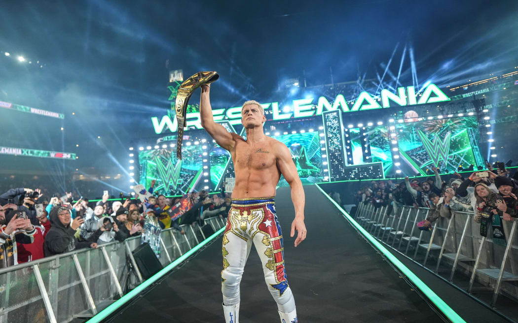 Cody Rhodes celebrates during Night Two of WrestleMania 40 at Lincoln Financial Field.