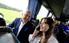 RNZ reporter Anneke Smith on the National bus with leader Christopher Luxon.