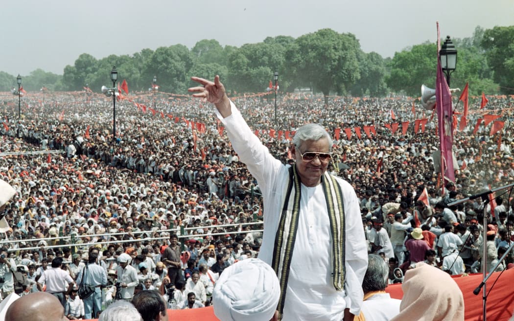 Atal Bihari Vajpayee at a rally of BJP supporters in April 1991.