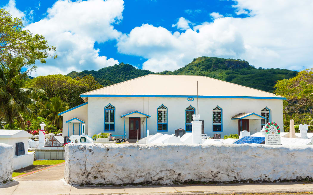 Cook Islands Christian Church in Arorangi. 
The mountain in the background is the culturally significant Raemaru.