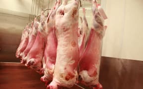 Lamb carcasses in an abattoir's refrigerator