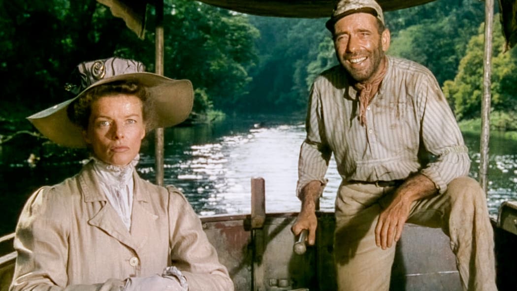 Katherine Hepburn and Humphrey Bogart in a movie still from John Huston's classic film The African Queen.