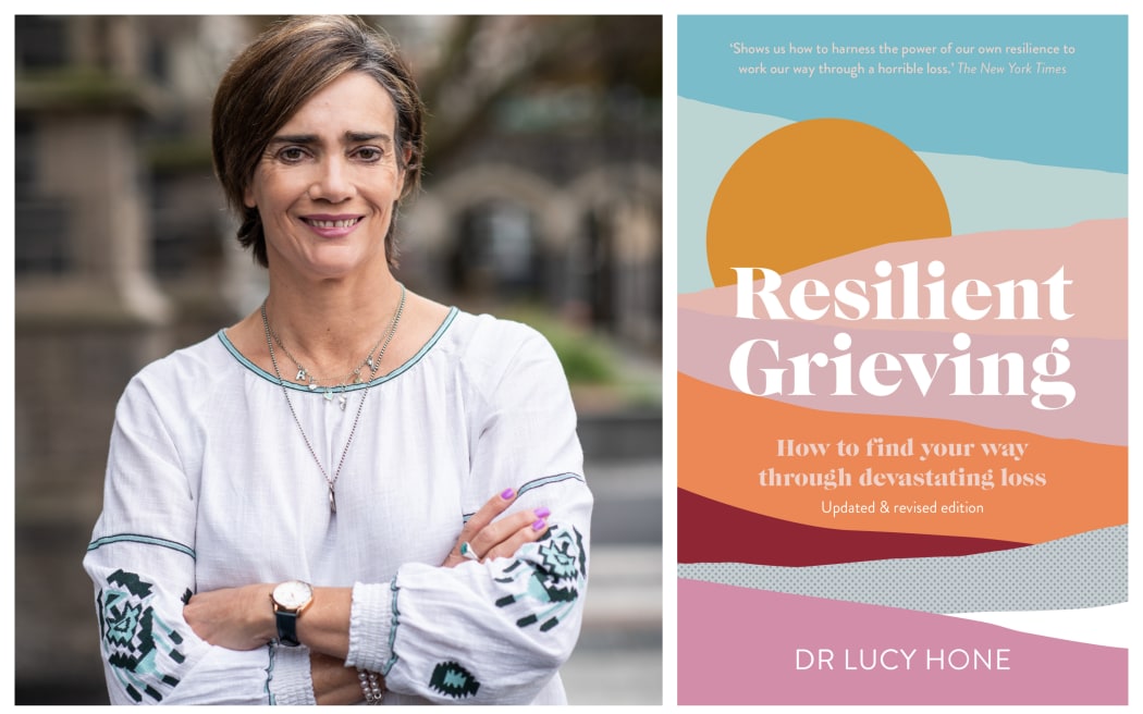collage of Lucy Hone and her book : Resilient Grieving