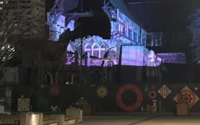 Blue and pink lighting on Christ Church Cathedral.