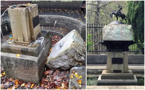 Damage to the Valkyrie Fountain in Pukekawa Auckland Domain in May (left) and the fountain prior to being damaged.